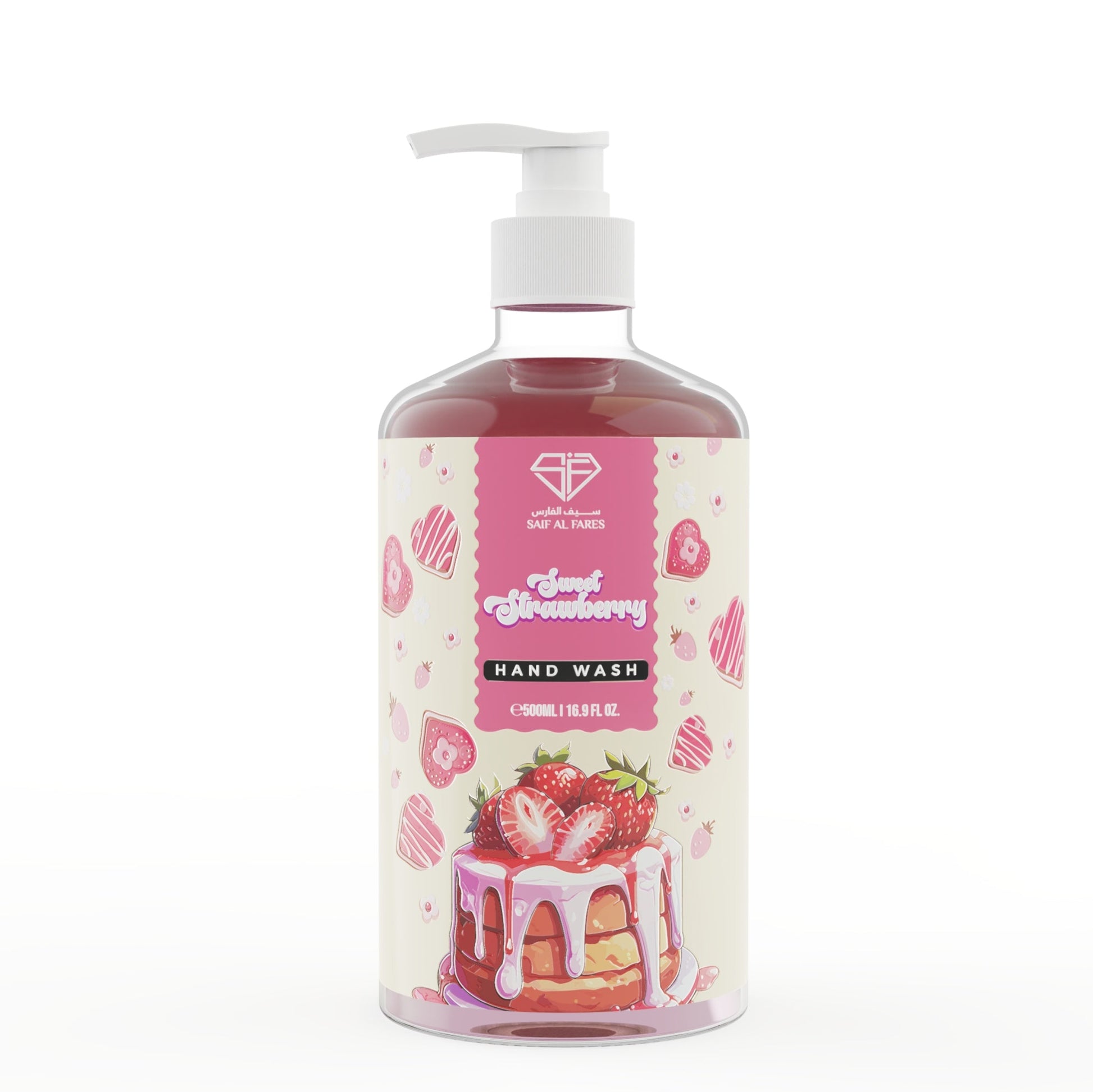 Hand wash bottle with strawberry design on a white background
