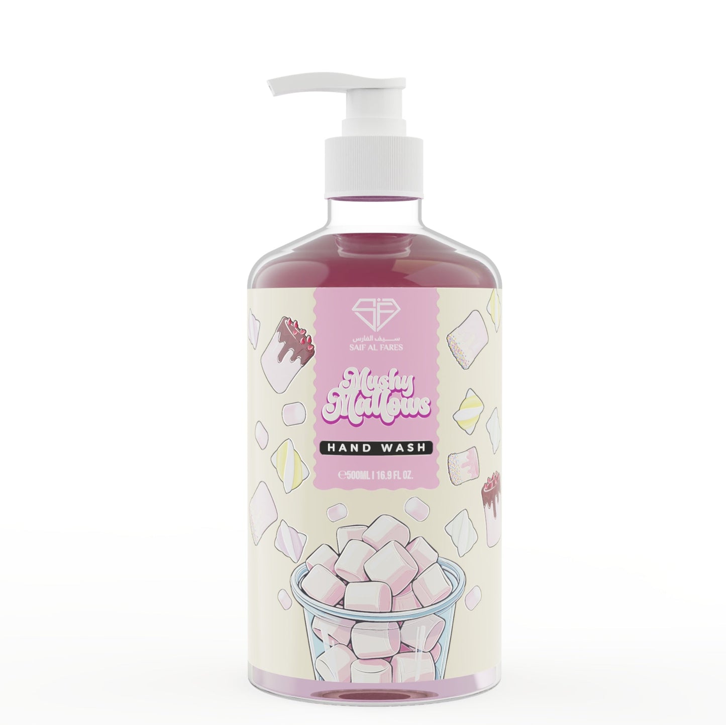 Hand wash bottle with marshmallow design on a white background