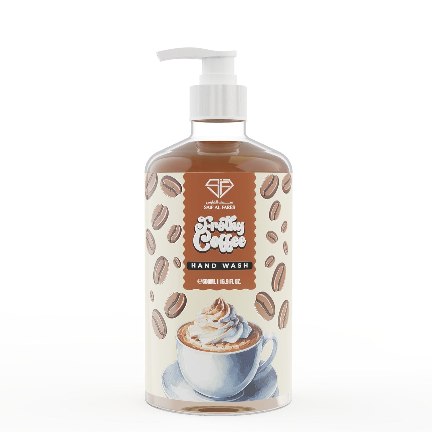 Bottle of 'Pretty Coffee' hand wash with pump on a white background