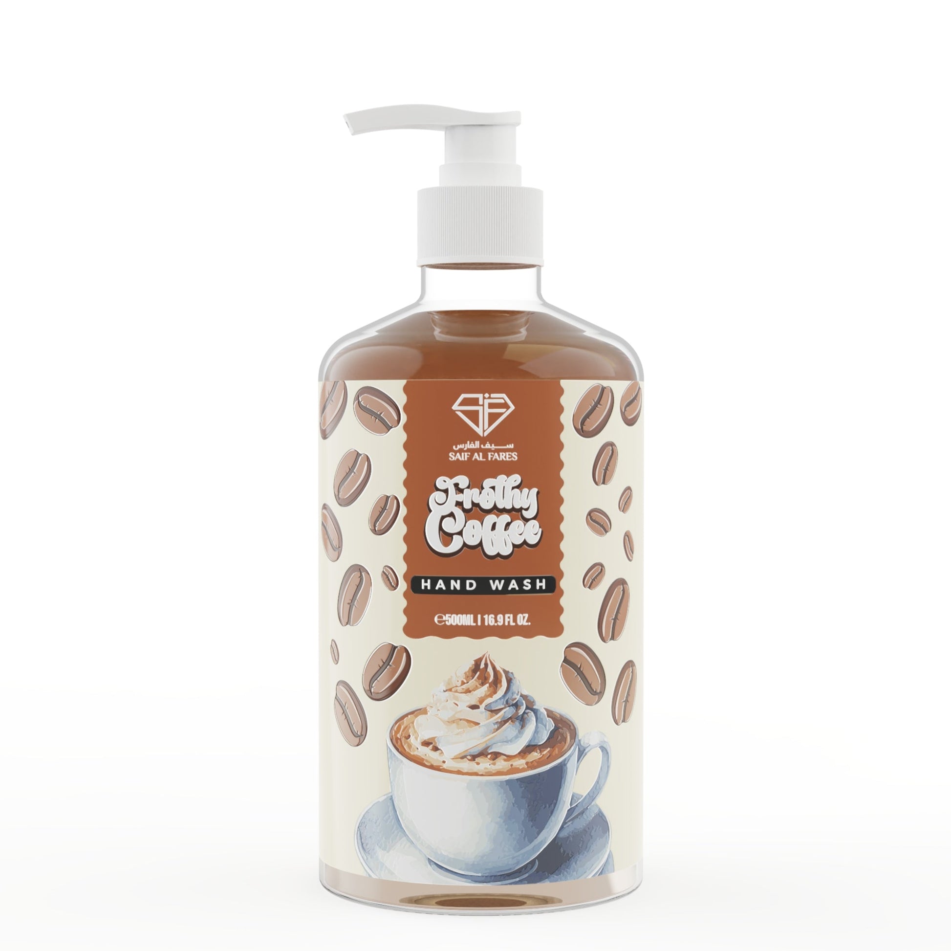 Bottle of 'Pretty Coffee' hand wash with pump on a white background